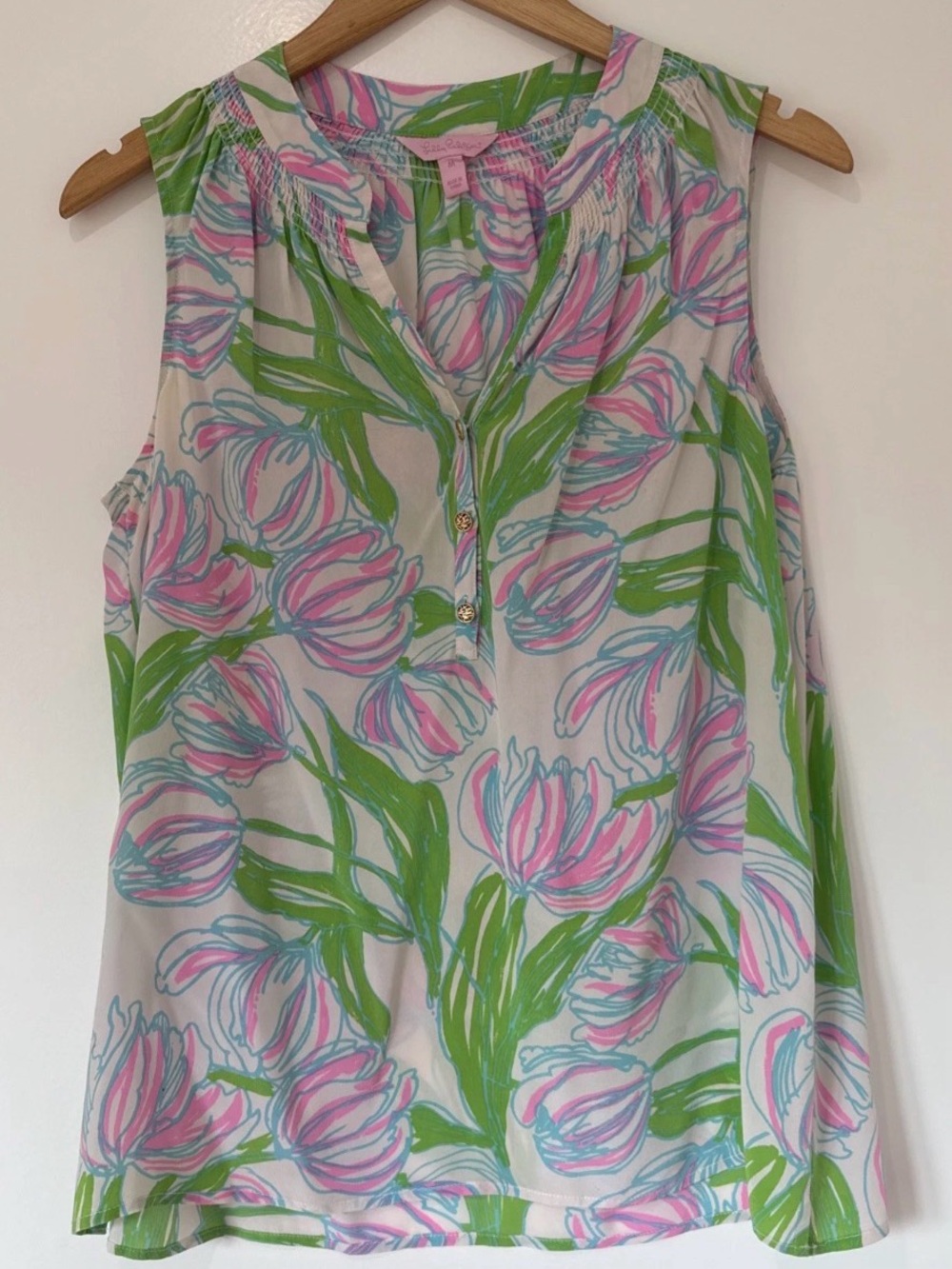 Lilly Pulitzer Floral Sleeveless Blouse Top Pink Green Blue Size M